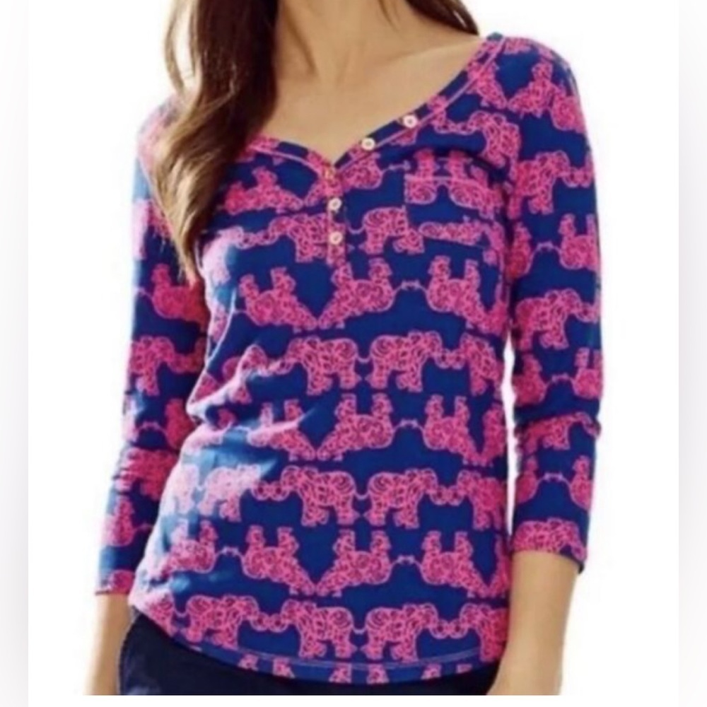 Lilly Pulitzer Tunic 3/4 Sleeves Pima Cotton Elephant Print